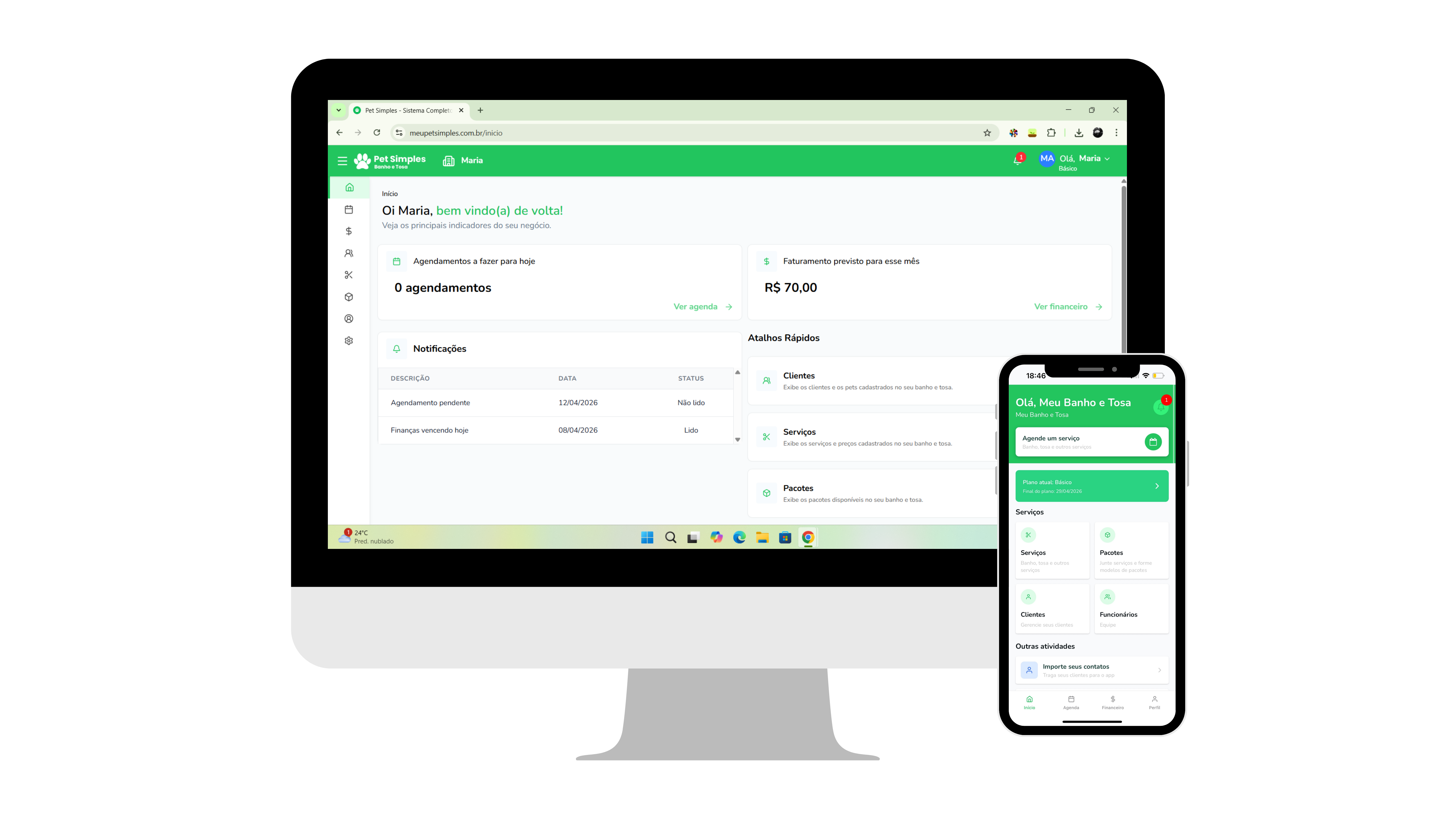 Tela do sistema Pet Simples mostrando dashboard principal
